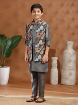 Dark grey raw silk printed waistcoat set