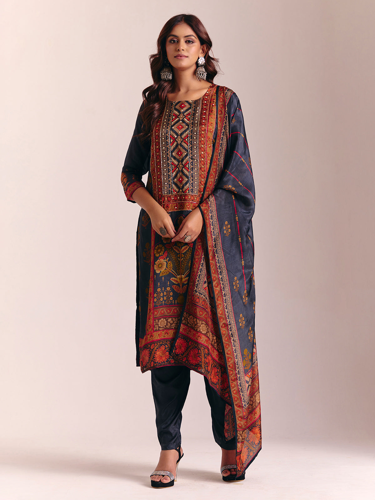 Dark grey silk printed salwar suit with dupatta