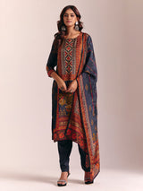 Dark grey silk printed salwar suit with dupatta