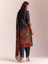 Dark grey silk printed salwar suit with dupatta