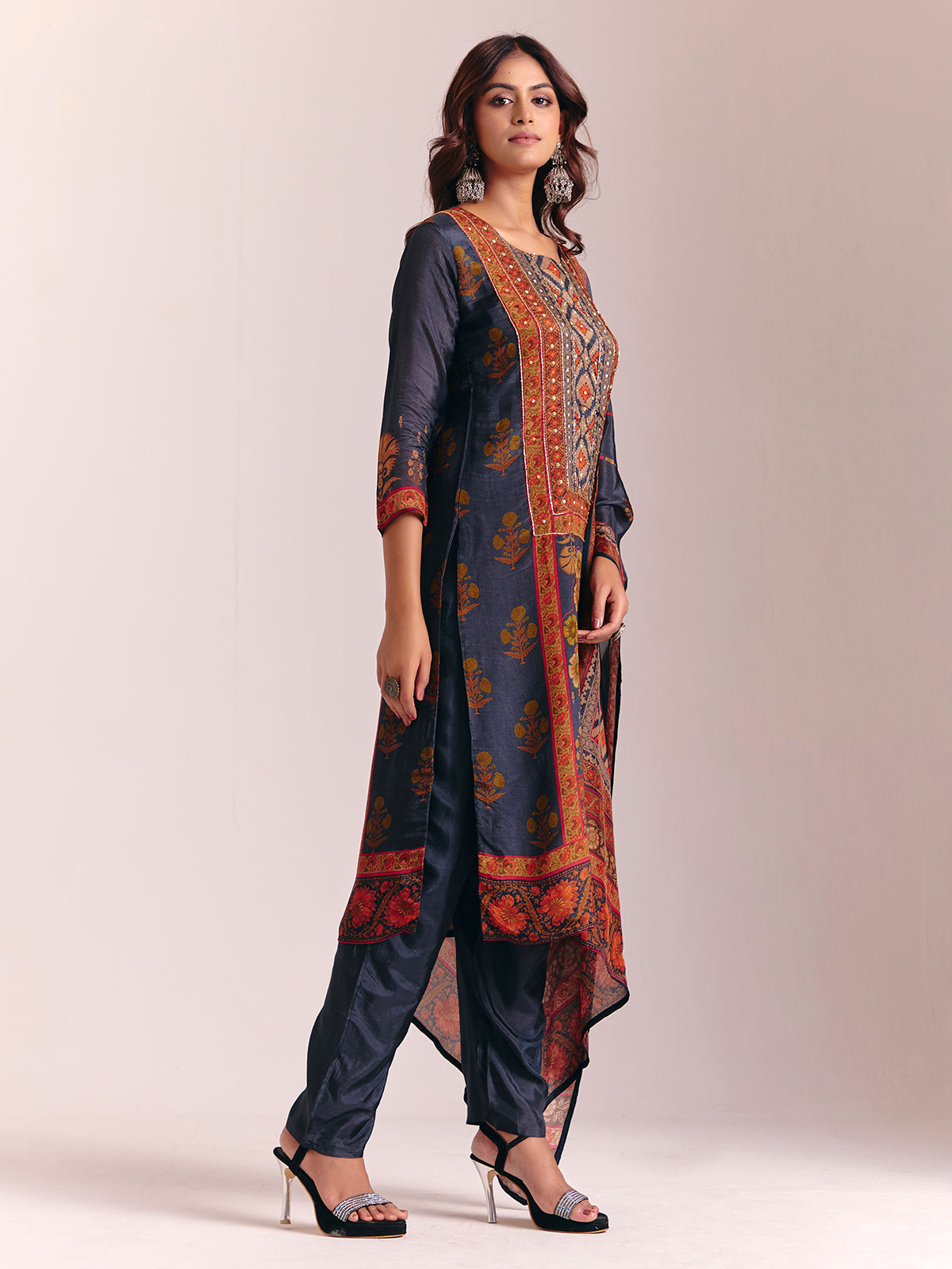 Dark grey silk printed salwar suit with dupatta