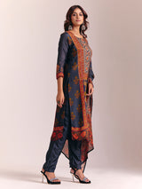 Dark grey silk printed salwar suit with dupatta