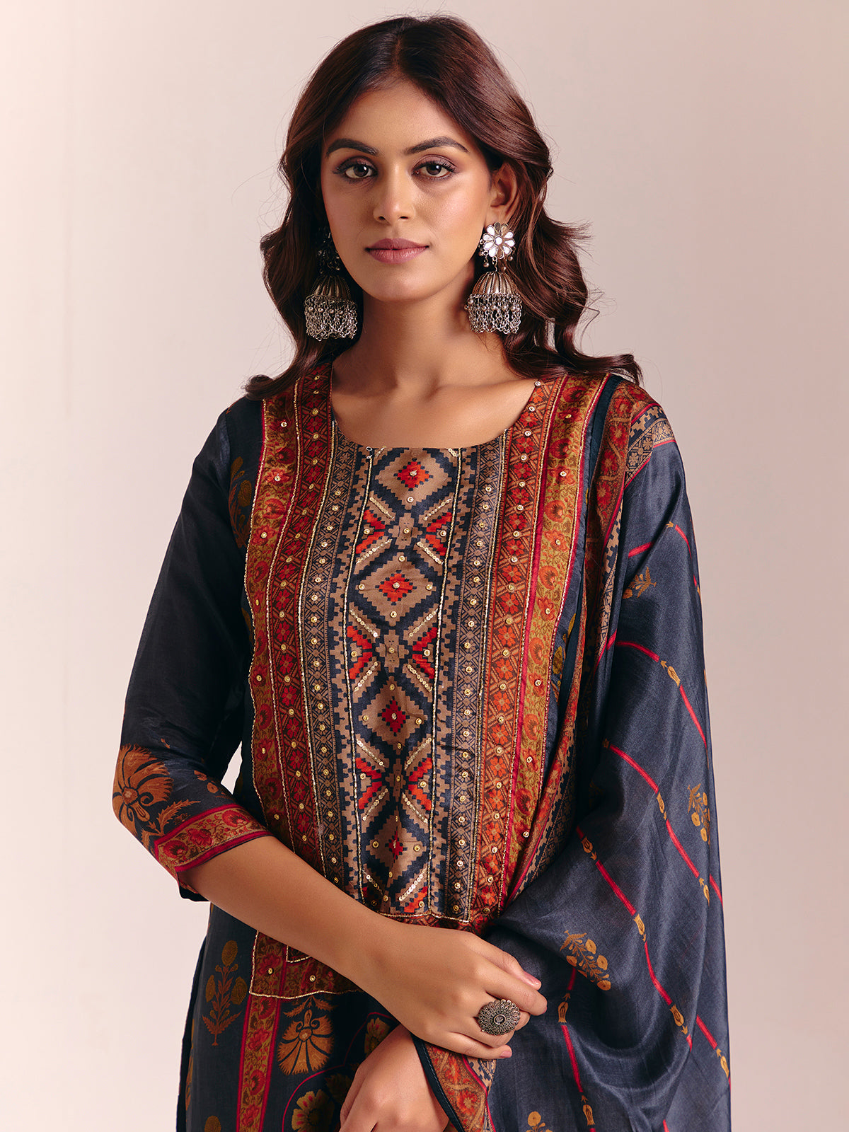 Dark grey silk printed salwar suit with dupatta