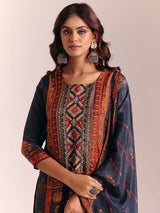 Dark grey silk printed salwar suit with dupatta