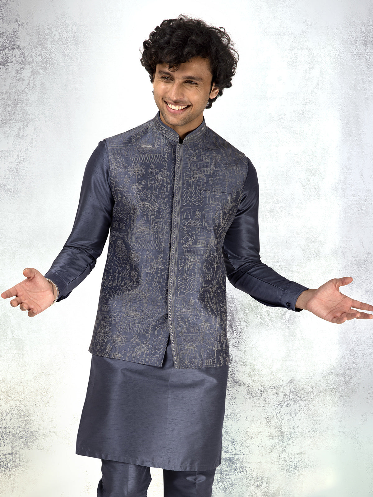 Dark grey silk waistcoat set with golden detailing