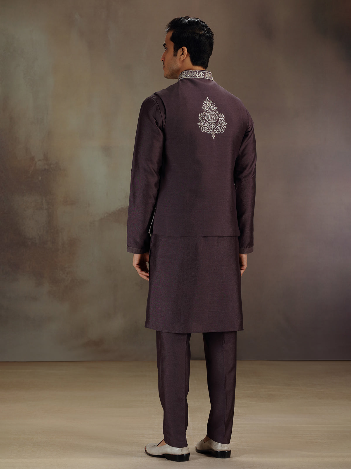 Dark wine wedding wear cotton silk waistcoat set