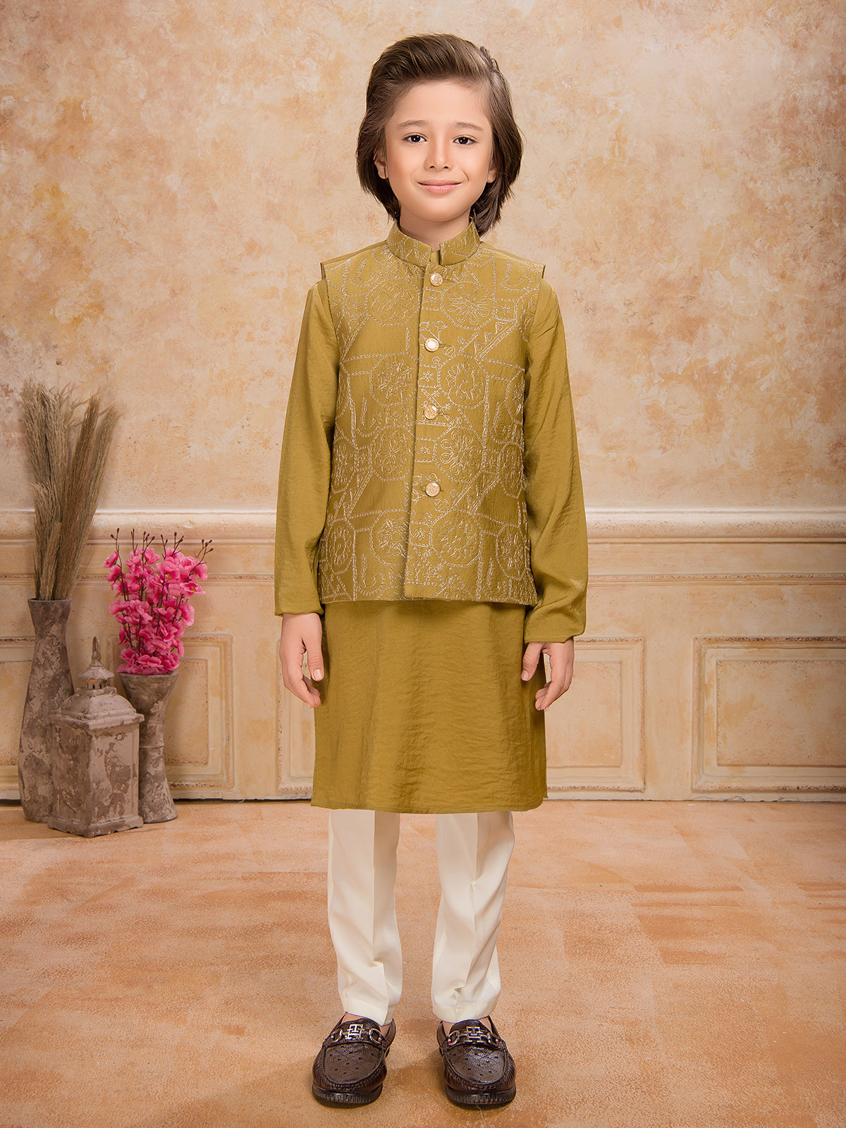Dark mustard yellow silk waistcoat set for boys