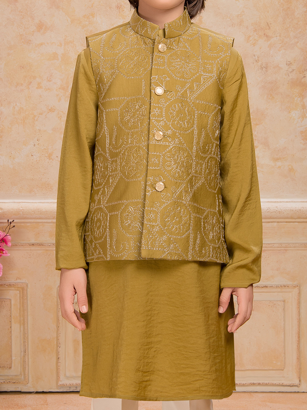 Dark mustard yellow silk waistcoat set for boys