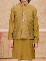 Dark mustard yellow silk waistcoat set for boys