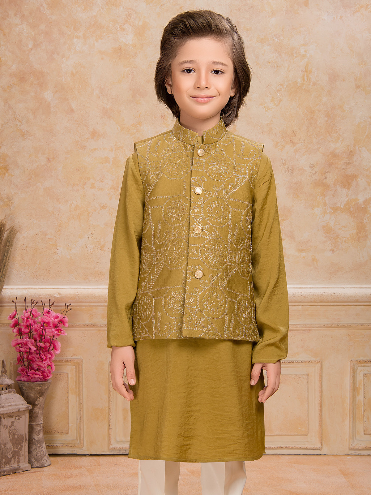 Dark mustard yellow silk waistcoat set for boys