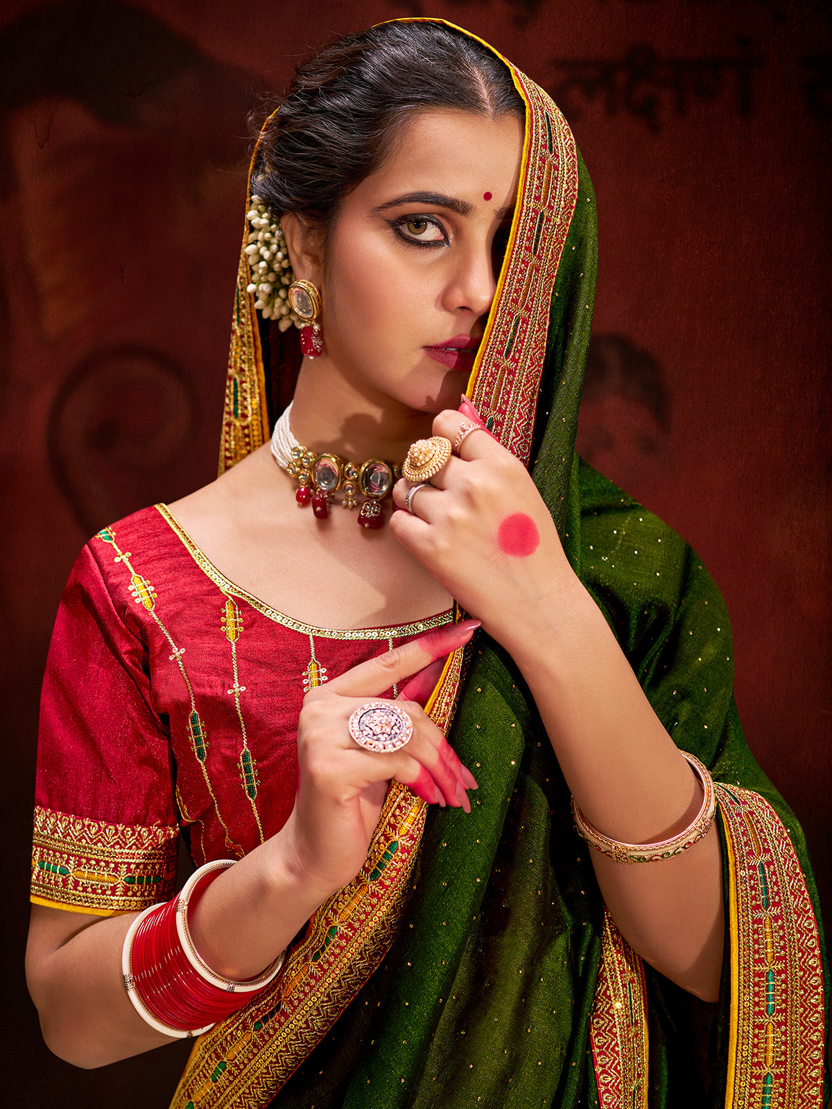 Dark olive festive silk saree