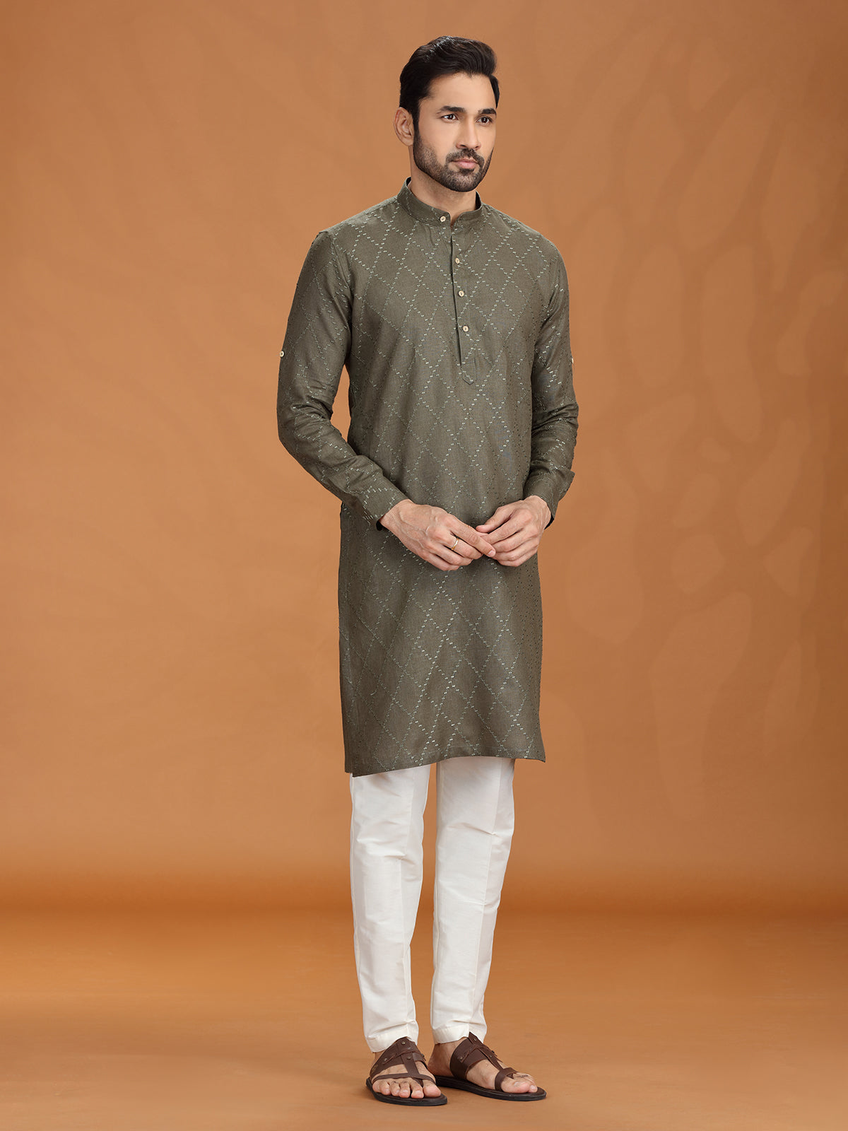 Dark olive linen embroidered kurta set for mens