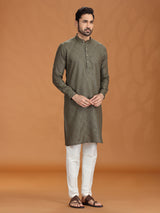 Dark olive linen embroidered kurta set for mens