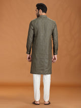 Dark olive linen embroidered kurta set for mens