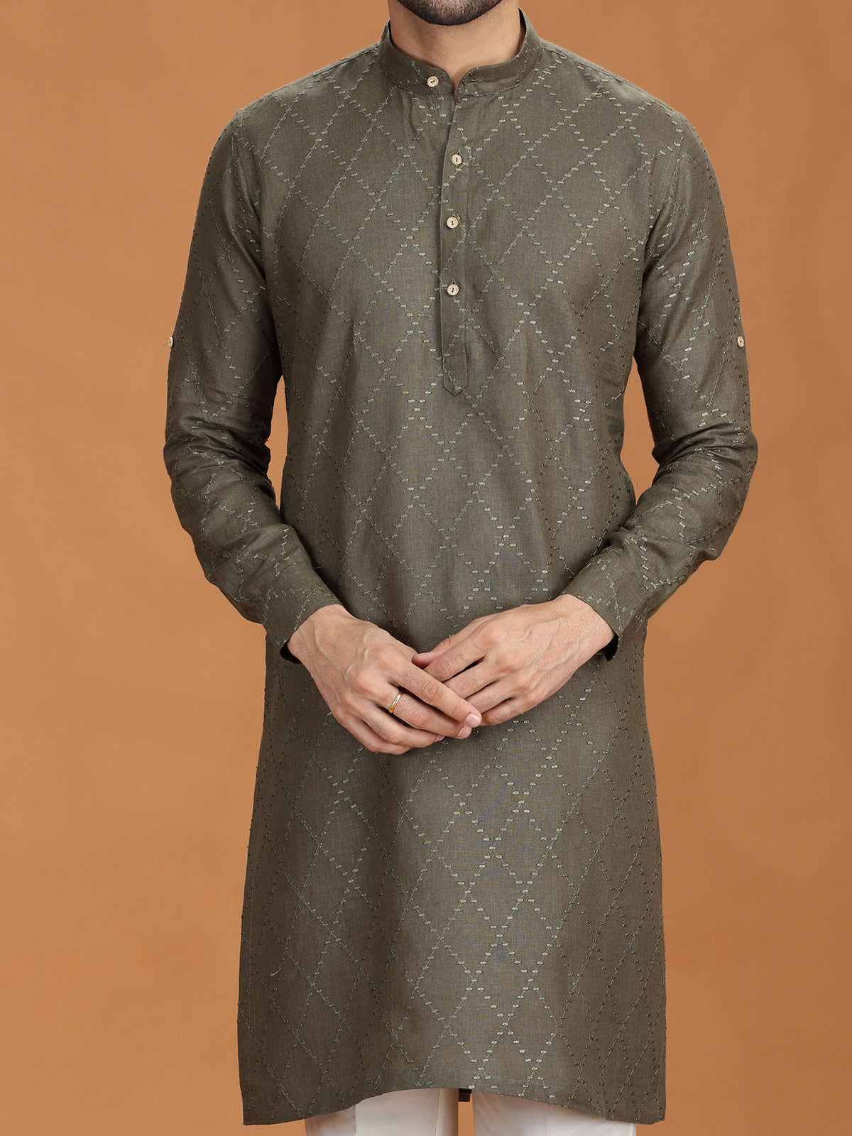 Dark olive linen embroidered kurta set for mens