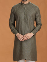 Dark olive linen embroidered kurta set for mens