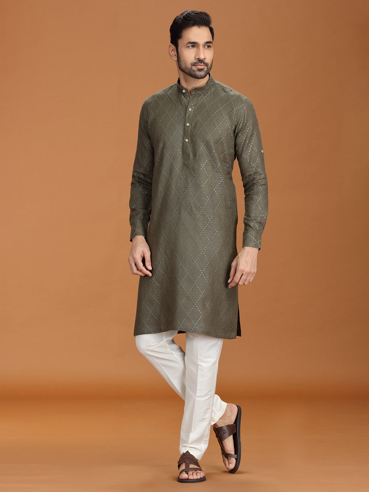 Dark olive linen embroidered kurta set for mens