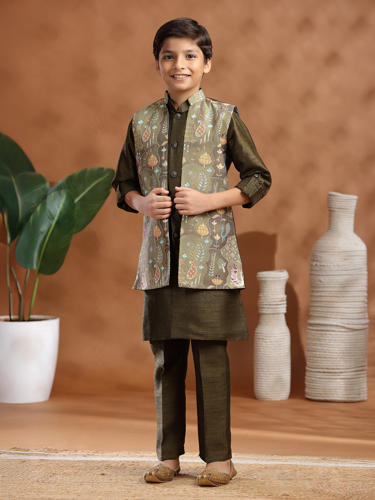 Dark olive raw silk resham work mehendi waistcoat set
