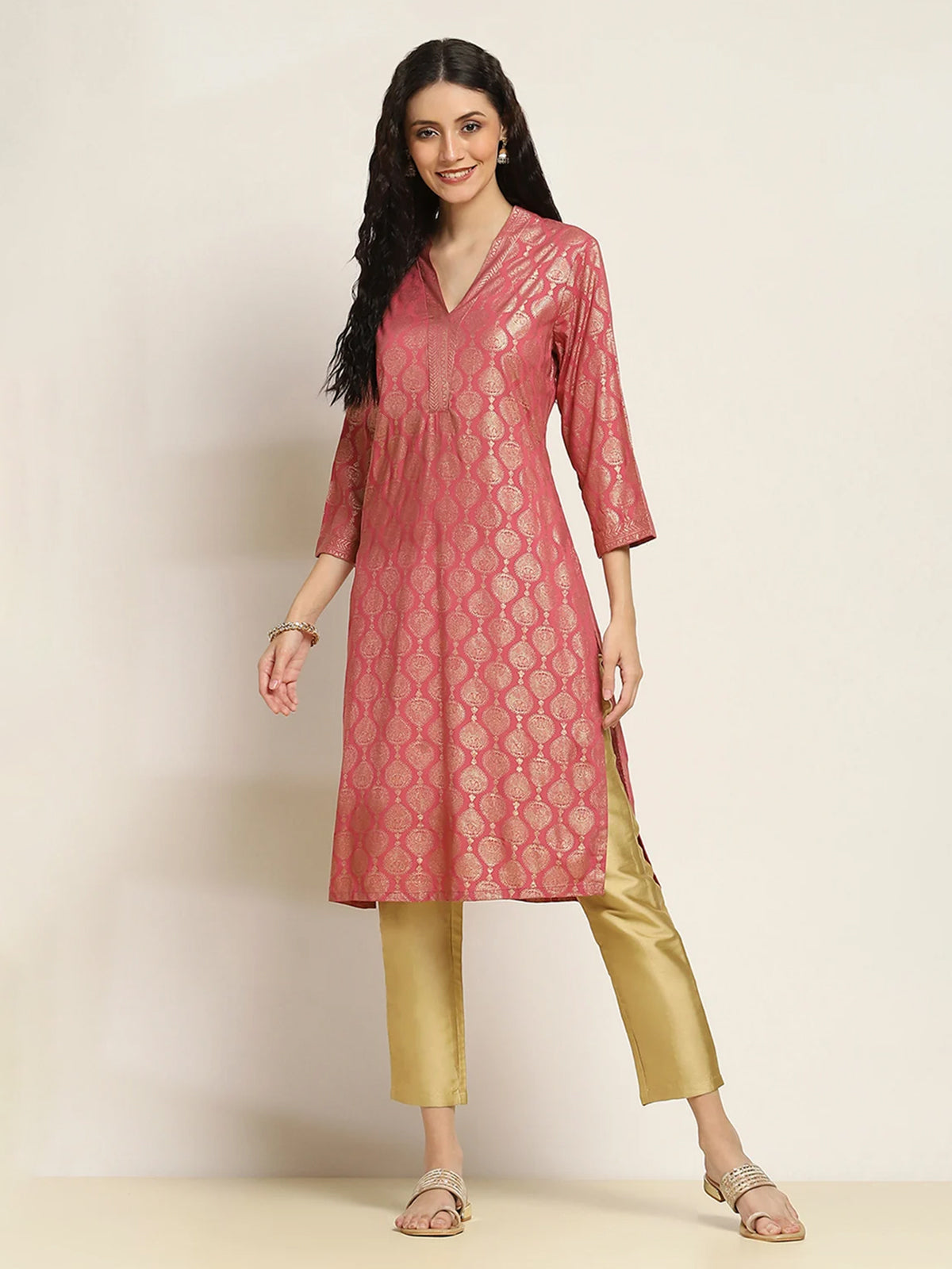 Dark peach cotton silk kurti with golden print