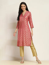 Dark peach cotton silk kurti with golden print