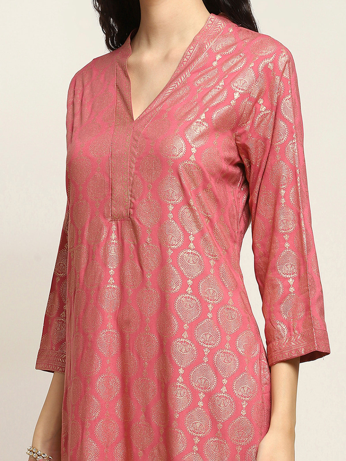 Dark peach cotton silk kurti with golden print