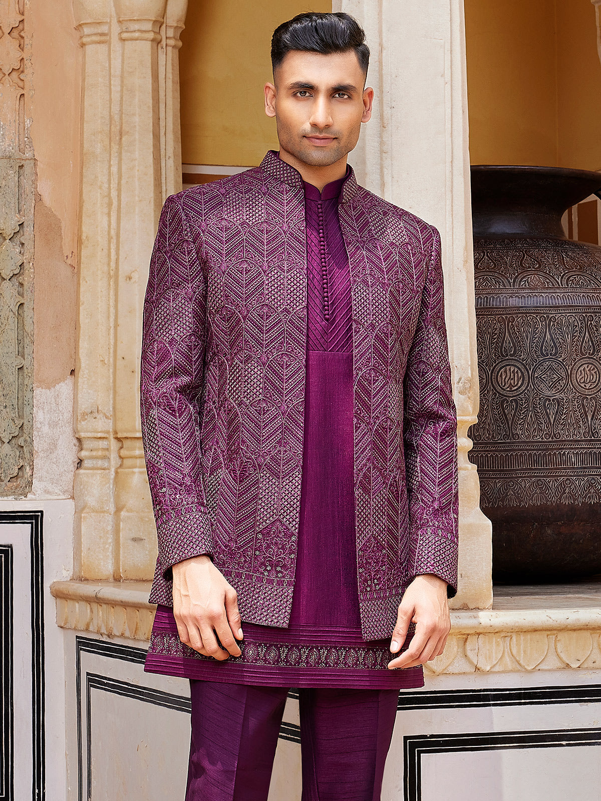 Dark purple luxurious indo western for men