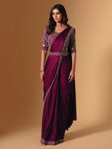 Dark purple lycra saree with shimmering cutdana design