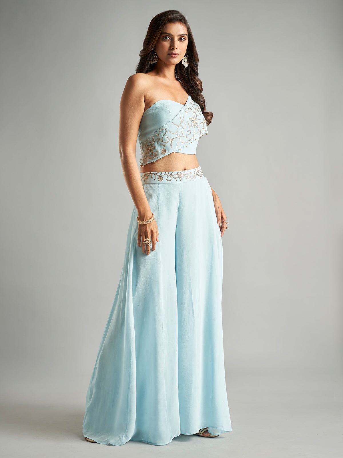 Dazzling sky blue georgette palazzo suit for women