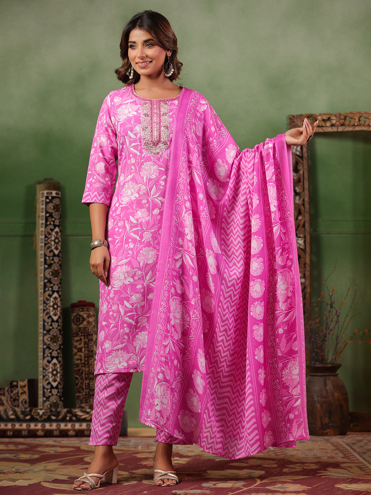 Deep pink printed silk kurti set for women