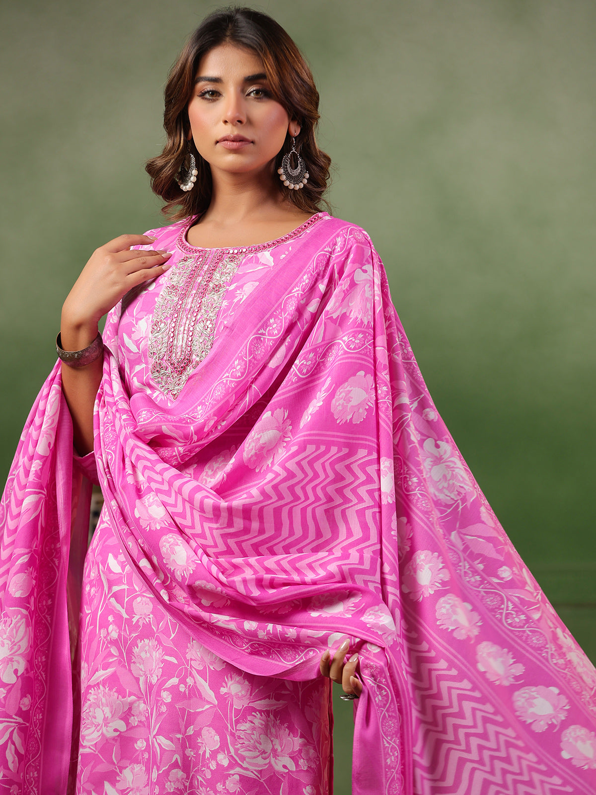 Deep pink printed silk kurti set for women