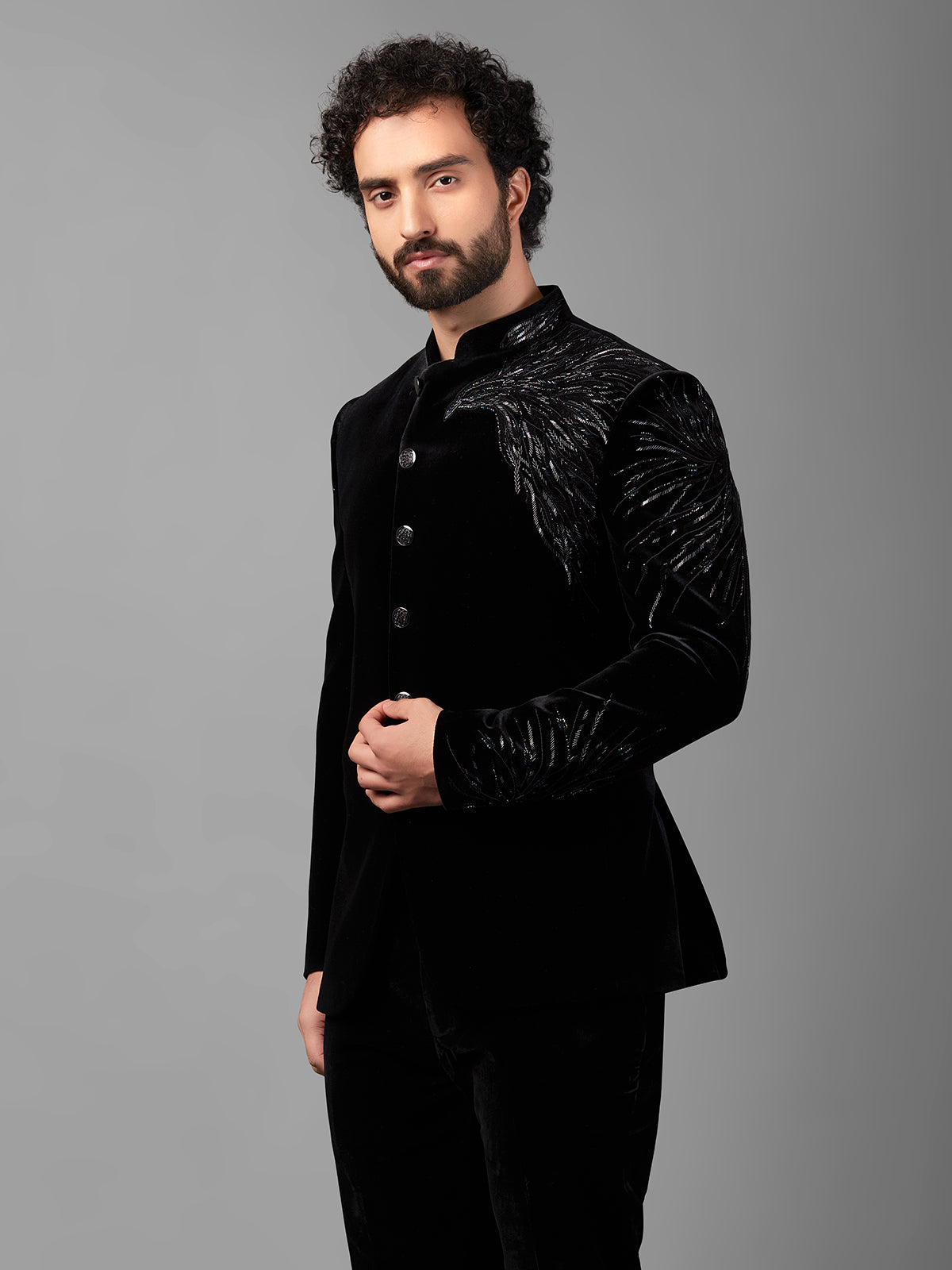 Designer black velvet jodhpuri suit