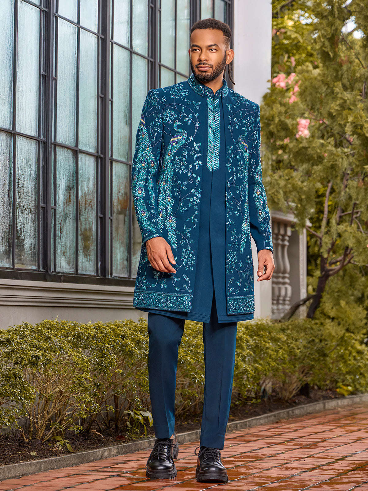 Designer blue art silk peacock motif indo western