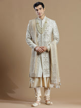 Designer cream color raw silk fabric sherwani