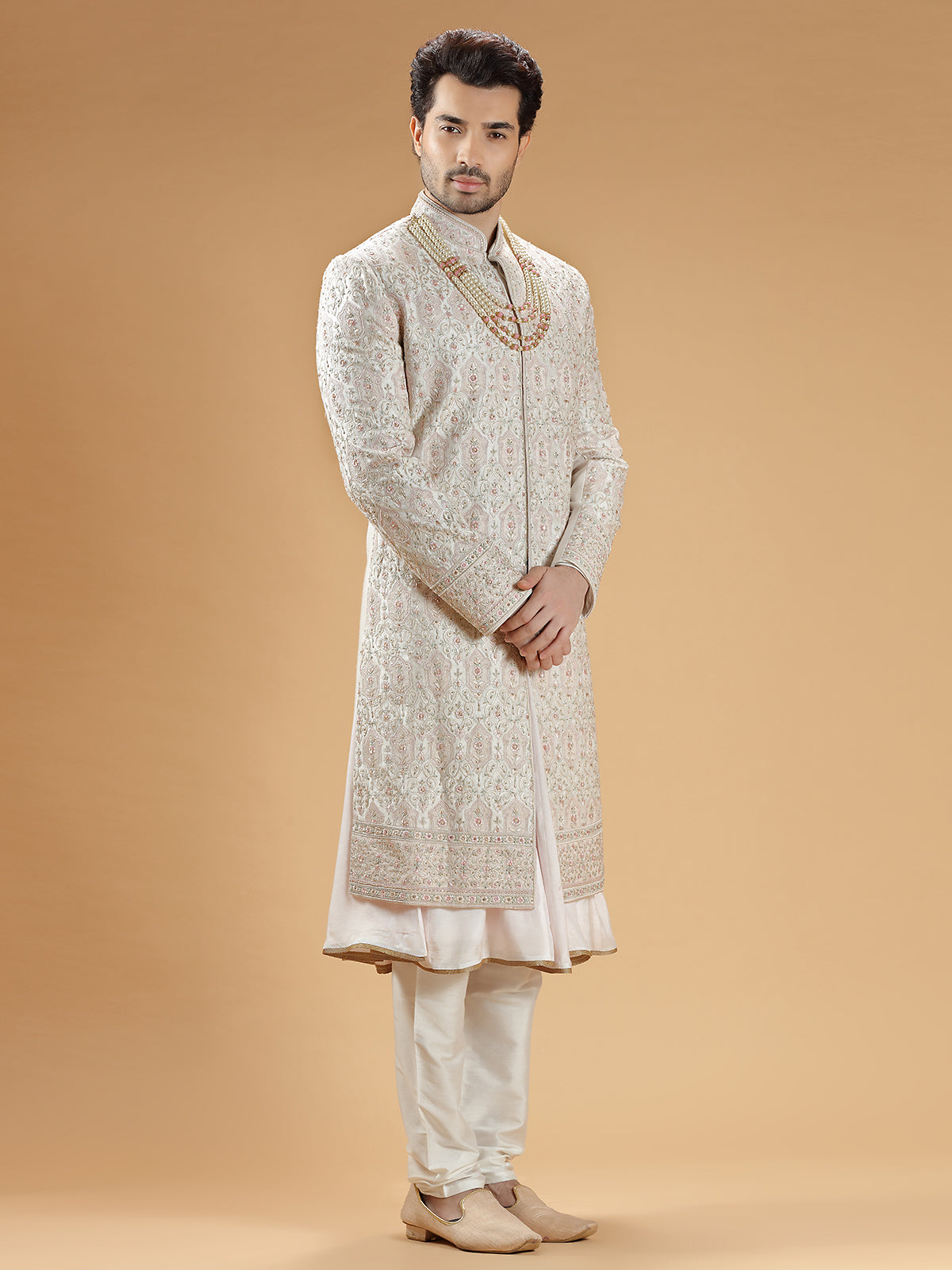 Designer peach raw silk sherwani