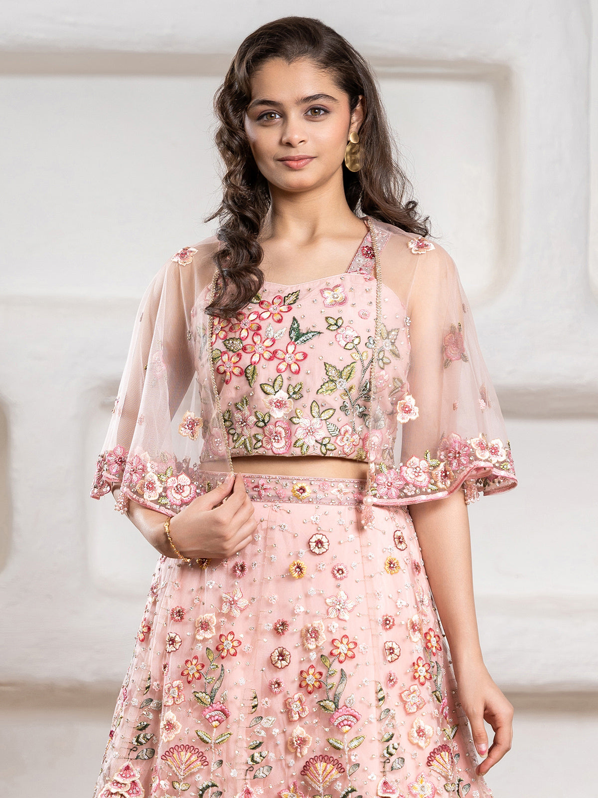 Designer pink net lehenga choli with diamond accents