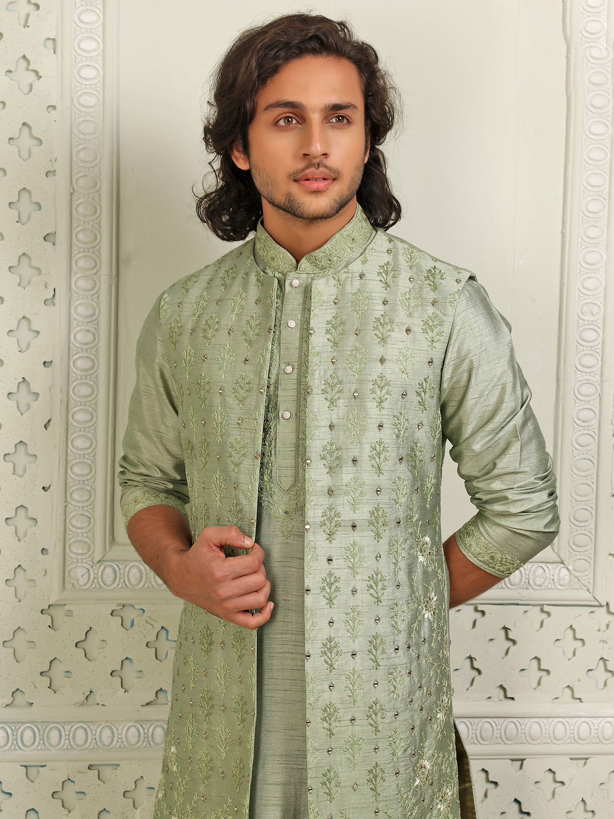 Dusty green silk wedding wear waistcoat set