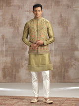 Earth green silk waistcoat set with embroidery