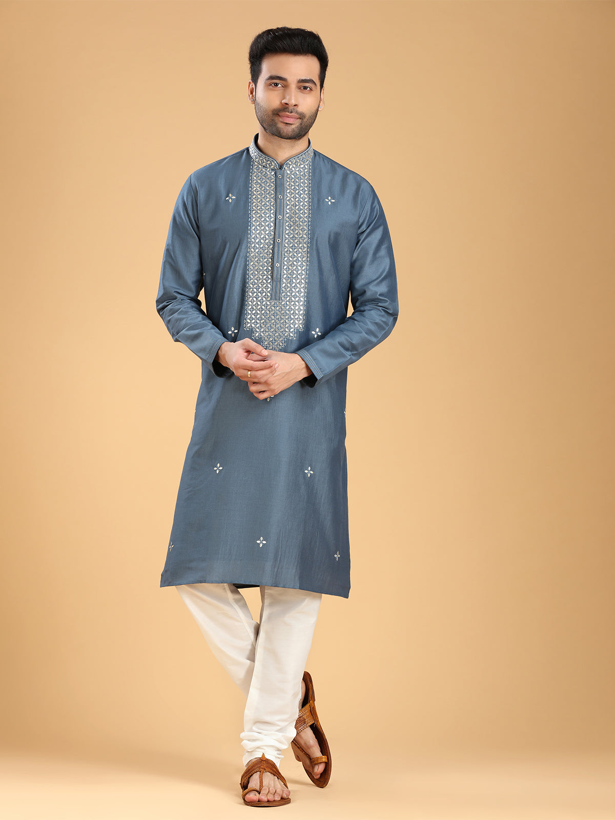 Elegant grey kurta suit in silk