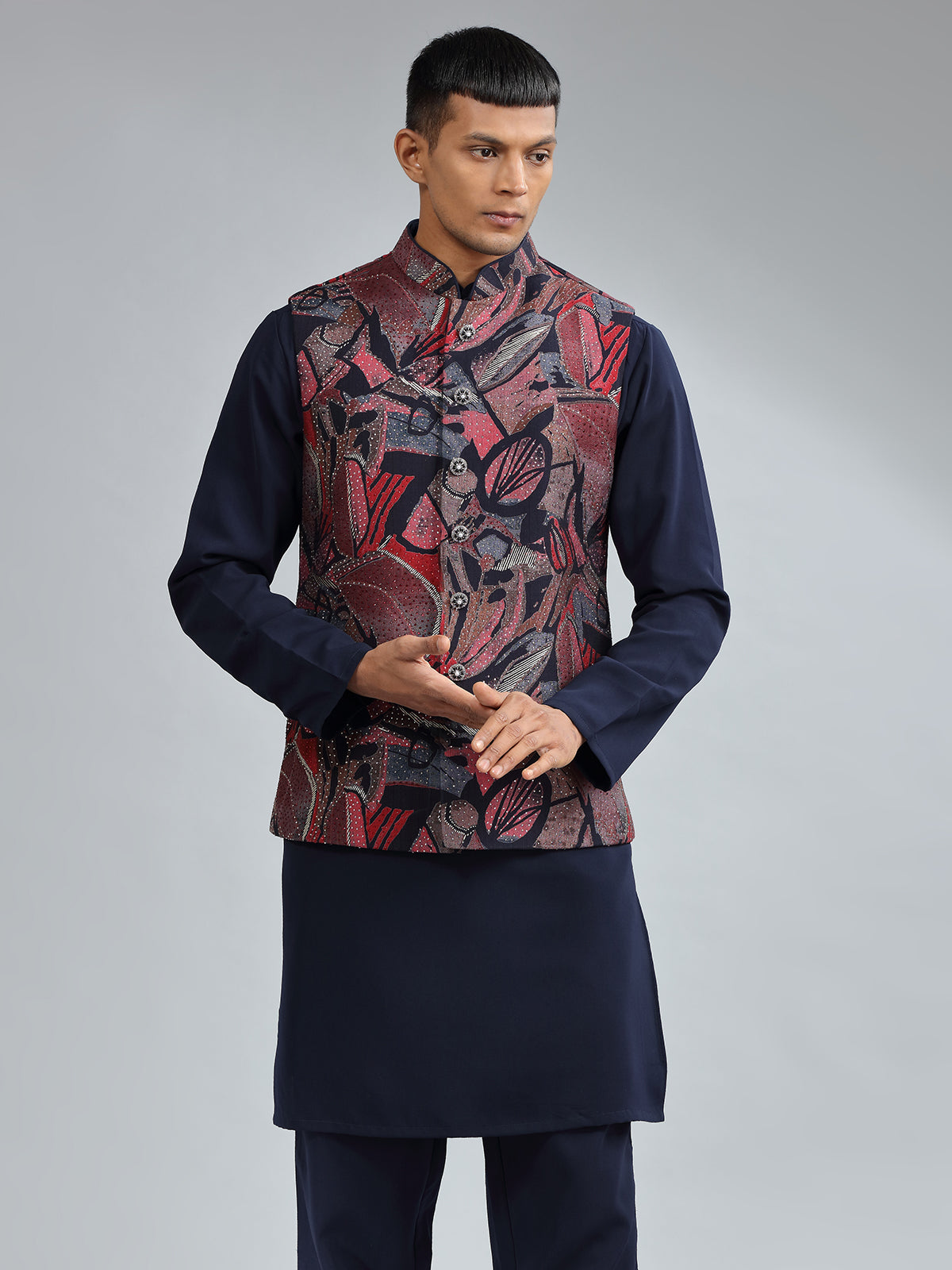 Elegant navy printed waistcoat set
