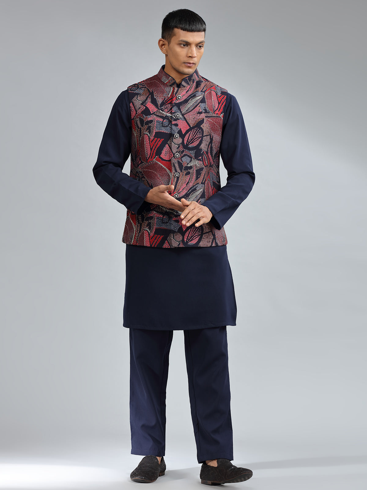 Elegant navy printed waistcoat set