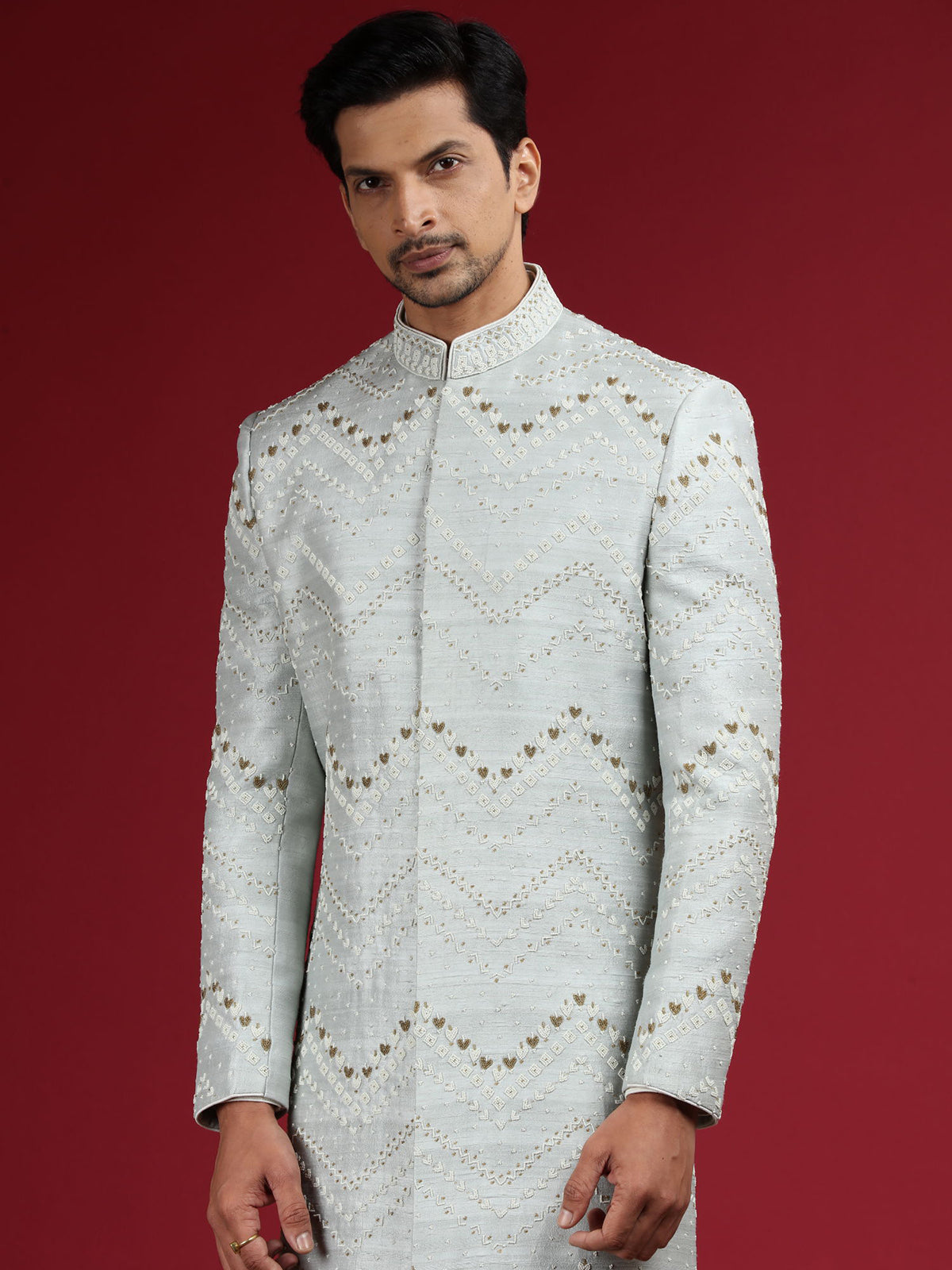 Elegant sky blue raw silk sherwani