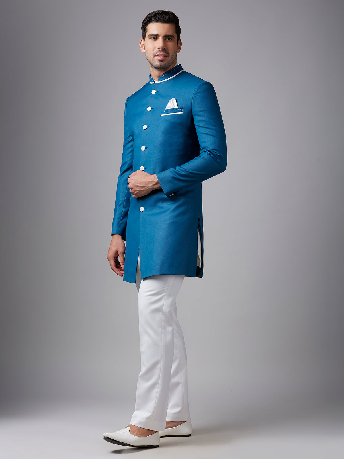 Elegant teal blue plain indowestern