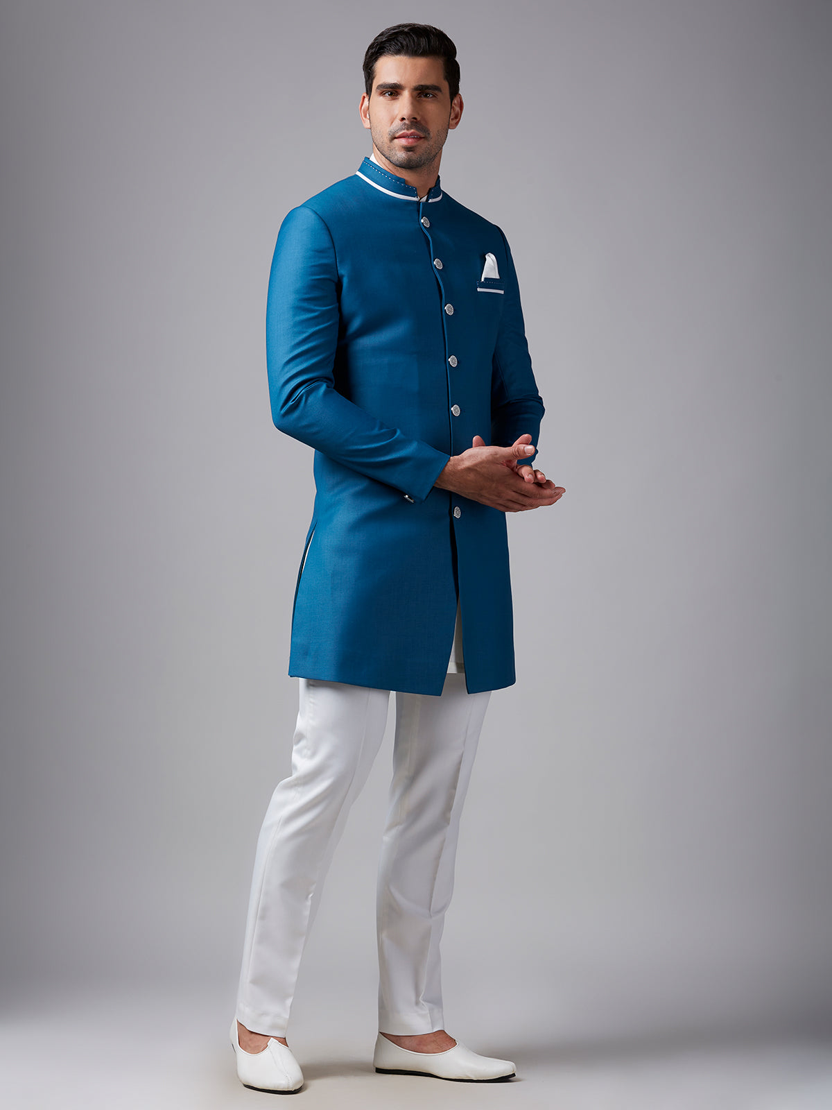 Elegant teal blue plain indowestern