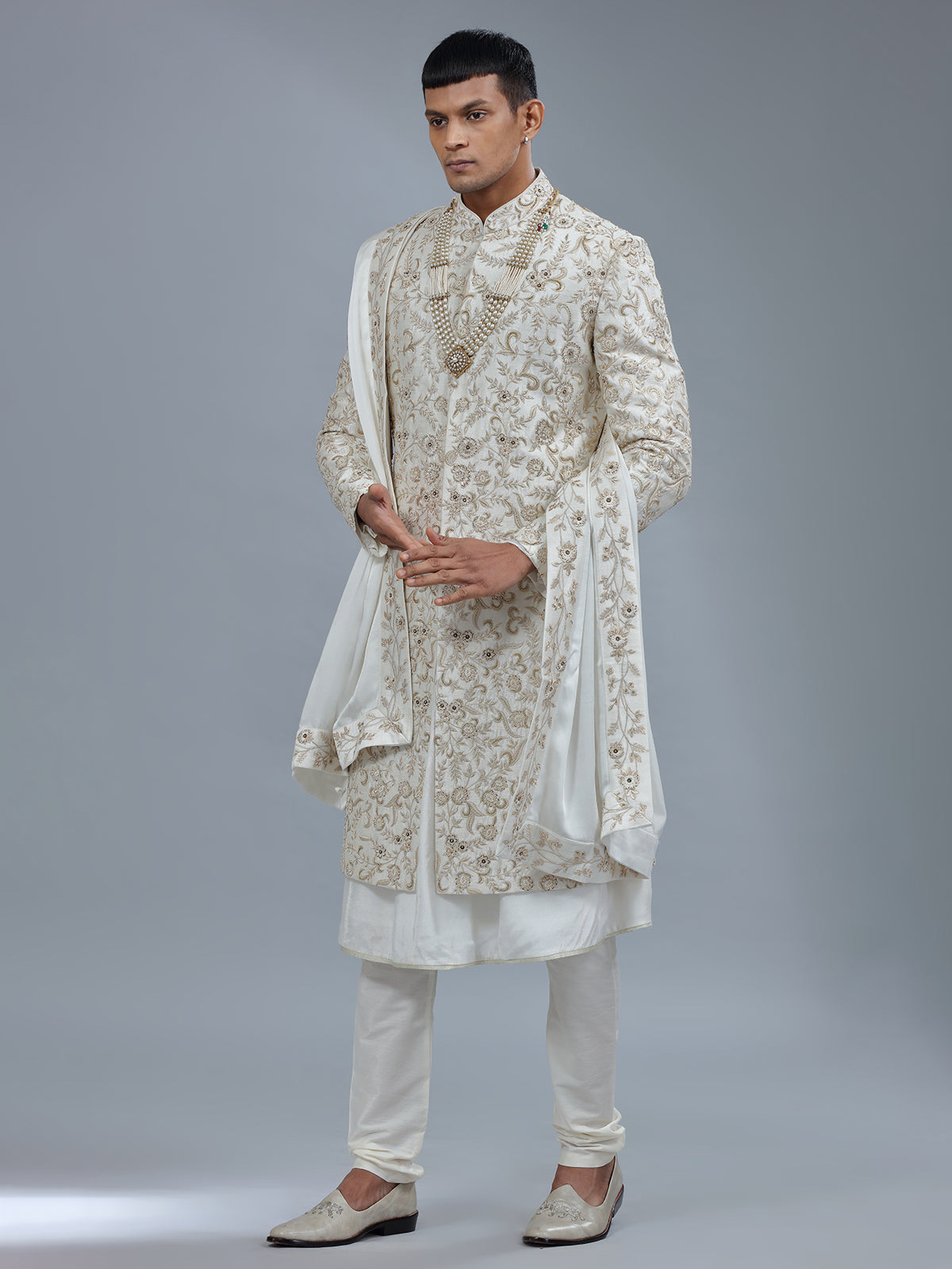 Elegant white peshwai raw silk sherwani