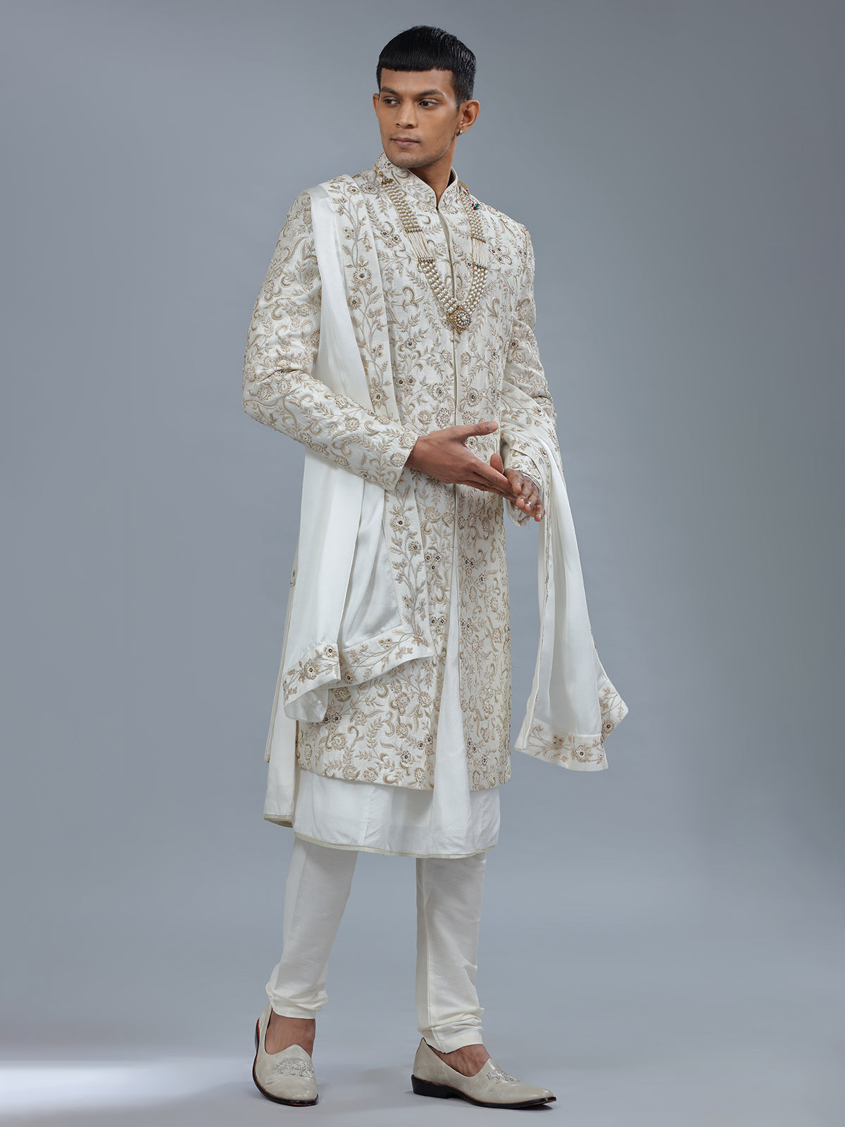 Elegant white peshwai raw silk sherwani