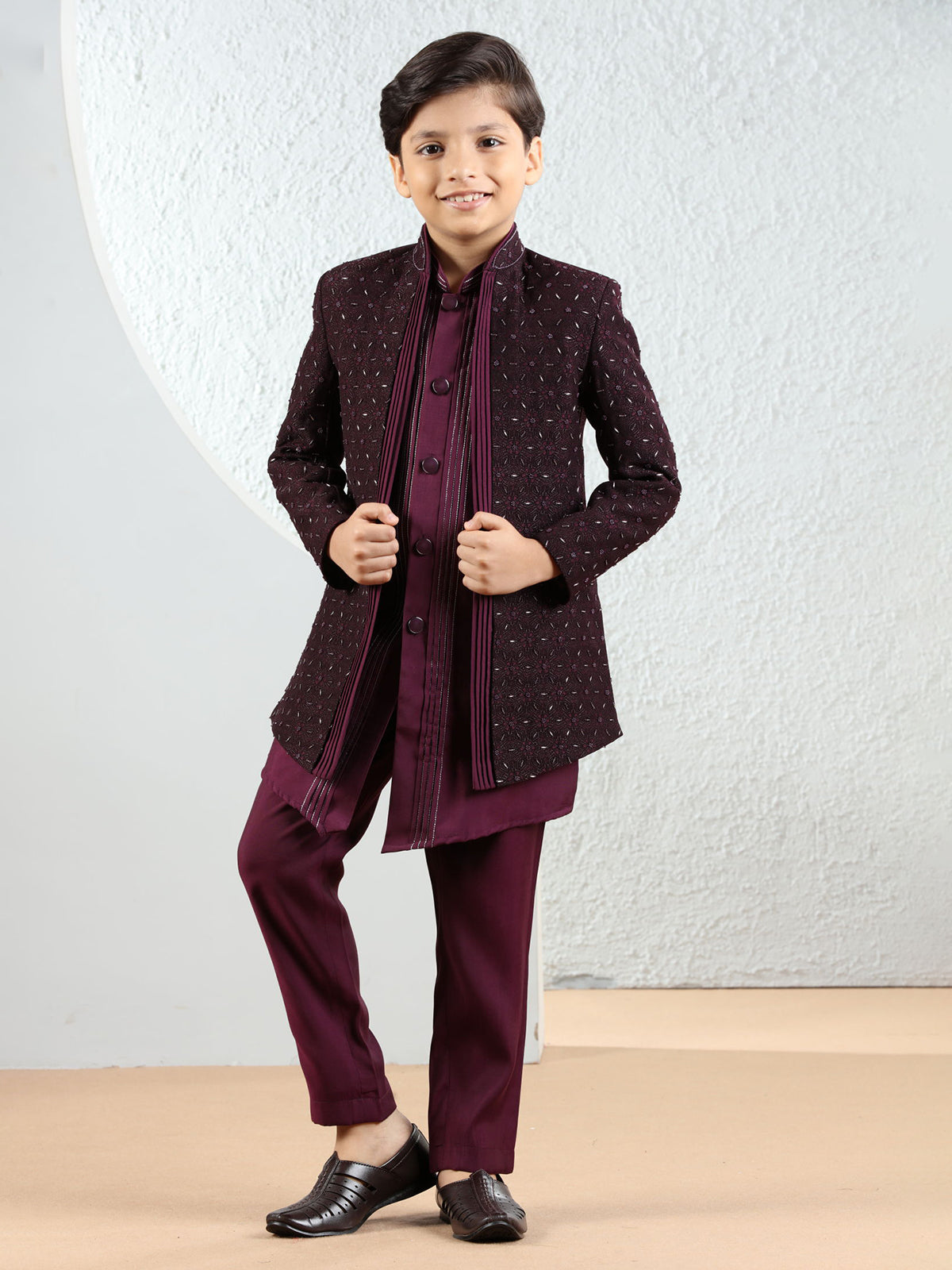 Elegant wine silk indowestern