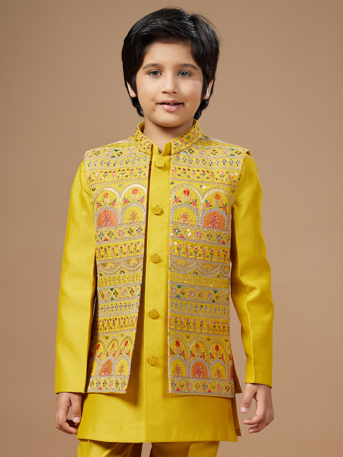 Elegant yellow silk embroidery waistcoat set