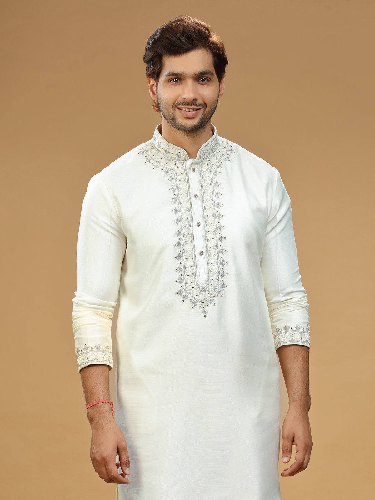 Embroidery off white silk kurta suit