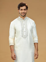 Embroidery off white silk kurta suit