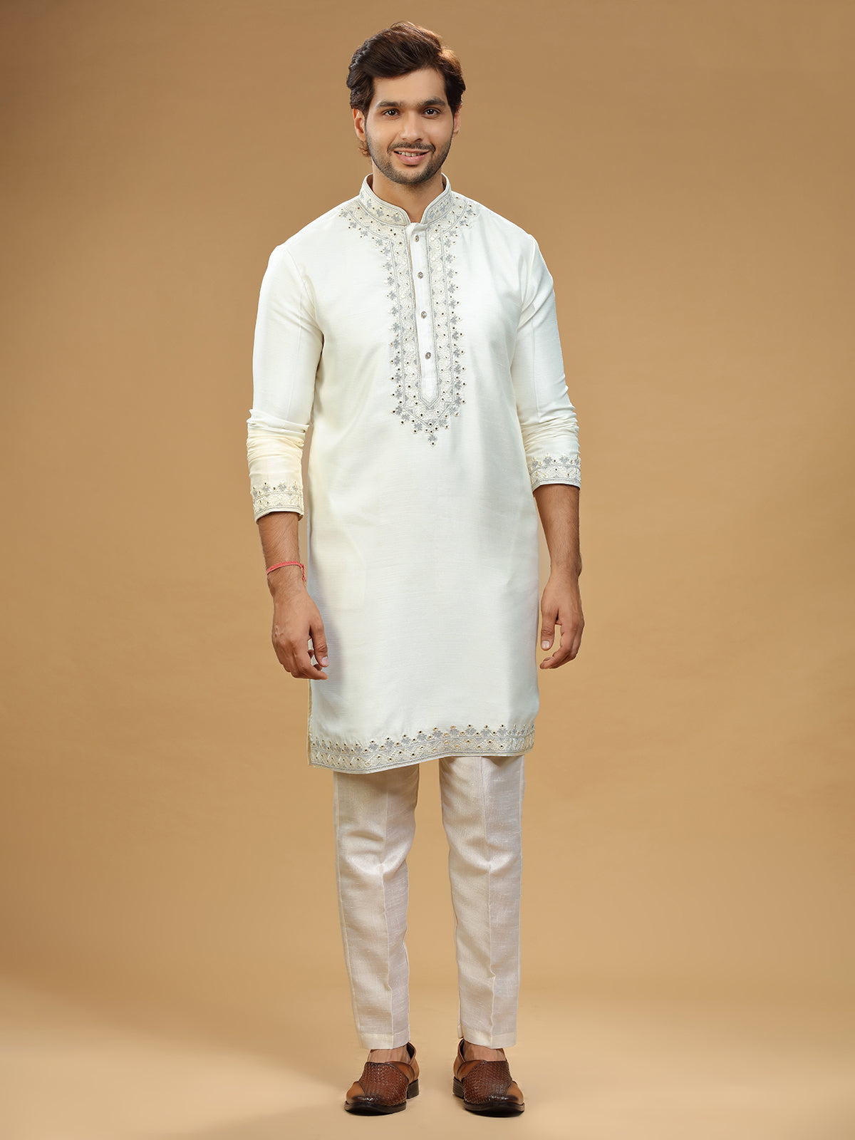 Embroidery off white silk kurta suit